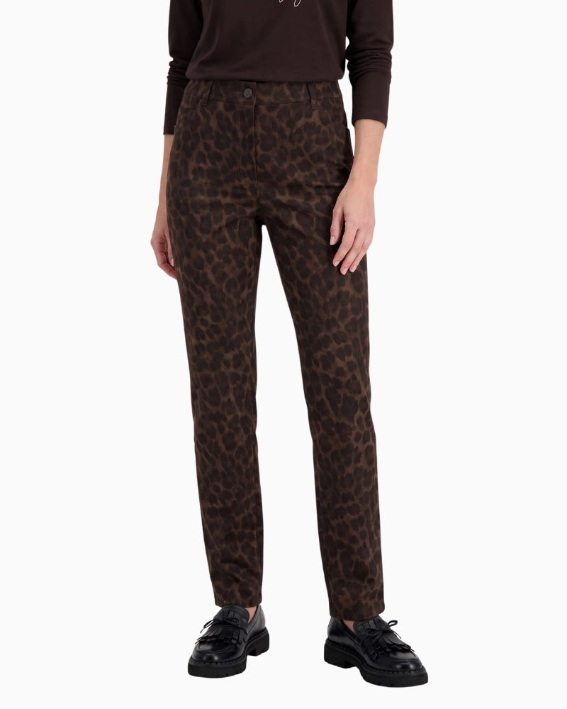 Olsen Mona Slim Animal Print Trousers in Leopard front view