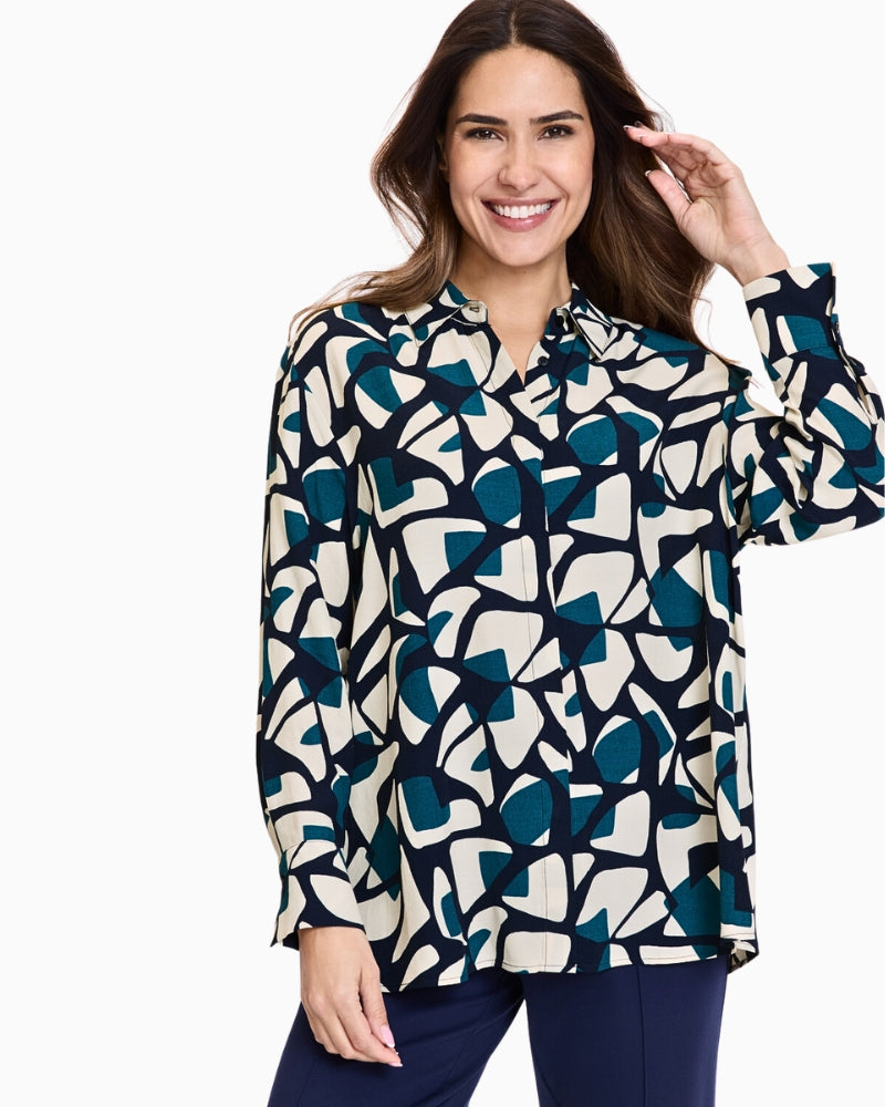 Olsen navy blouse with geometric print