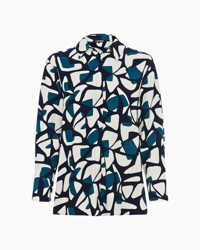Front view of Olsen navy blouse with geometric print