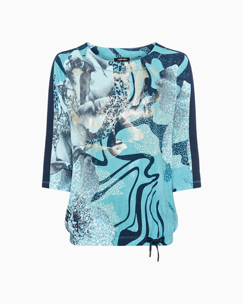 Navy Olsen top with printed front panel and foil detail in soft modal cotton blend