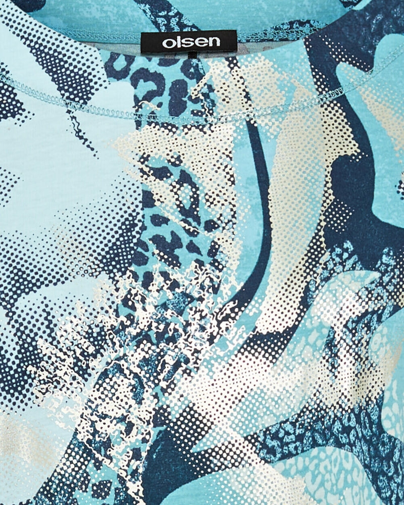 Close-up of foil print on navy cotton modal top by Olsen