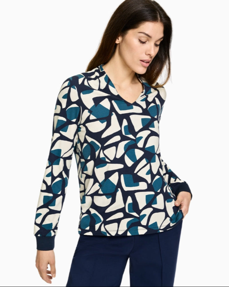 Olsen navy print long sleeve top with V-neckline and cuff detail