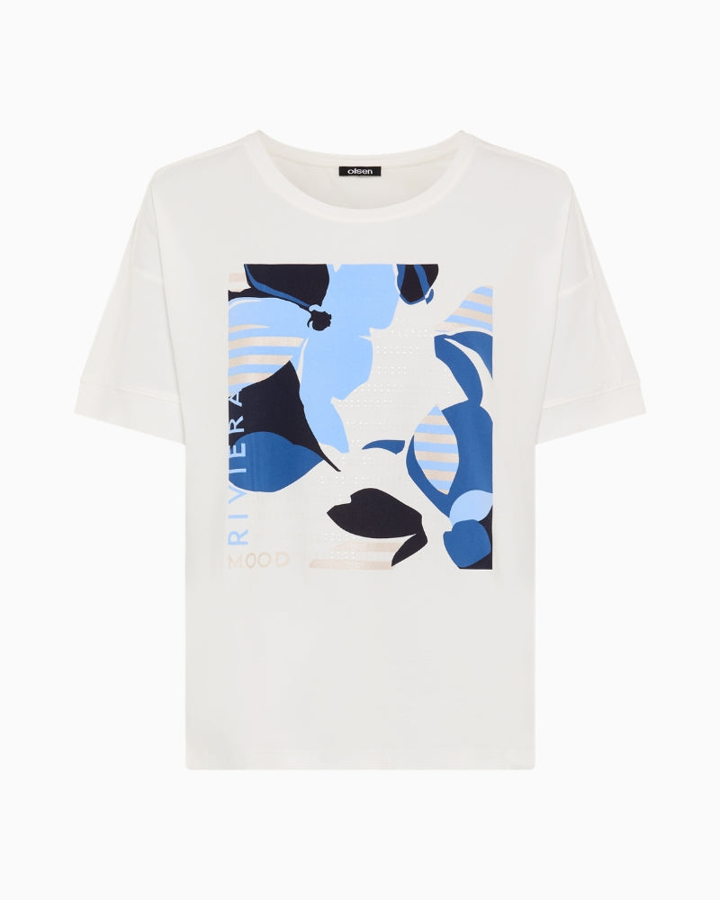 Olsen Riviera Placement Print T-Shirt off-white blue front view