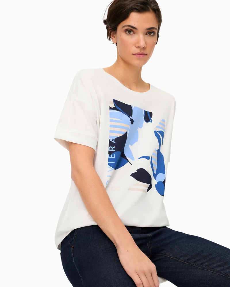 Olsen Riviera Placement Print T-Shirt blue abstract print detail