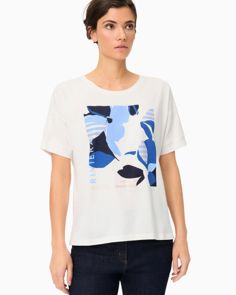 Olsen Riviera Placement Print T-Shirt off-white blue front view