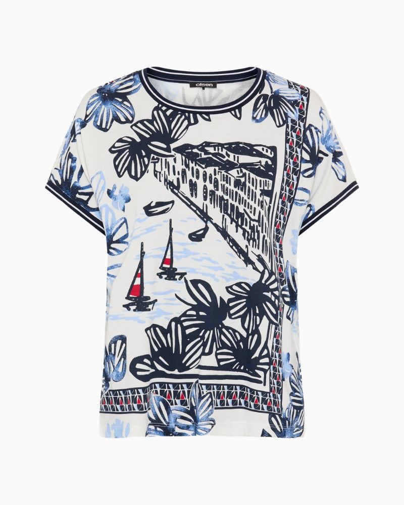 Olsen Riviera Scene Print T-Shirt white blue front view