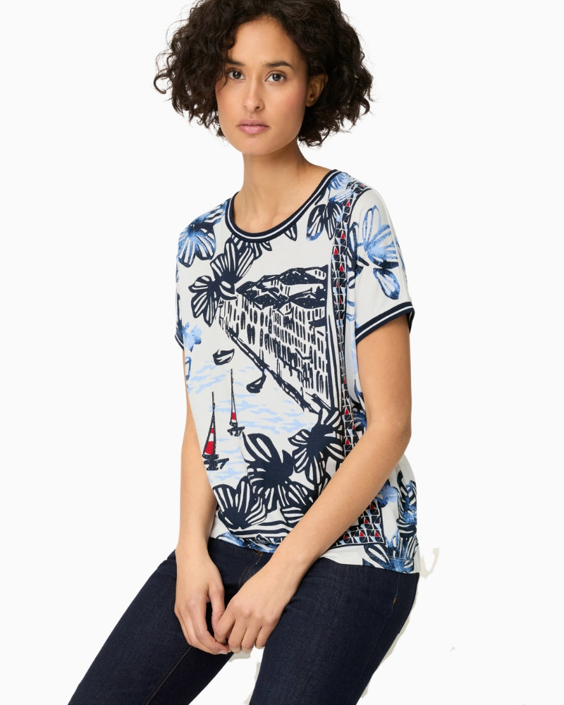 Olsen Riviera Scene Print T-Shirt white blue front view