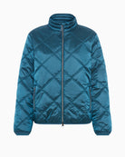 Front view of Olsen teal quilted jacket with zip closure