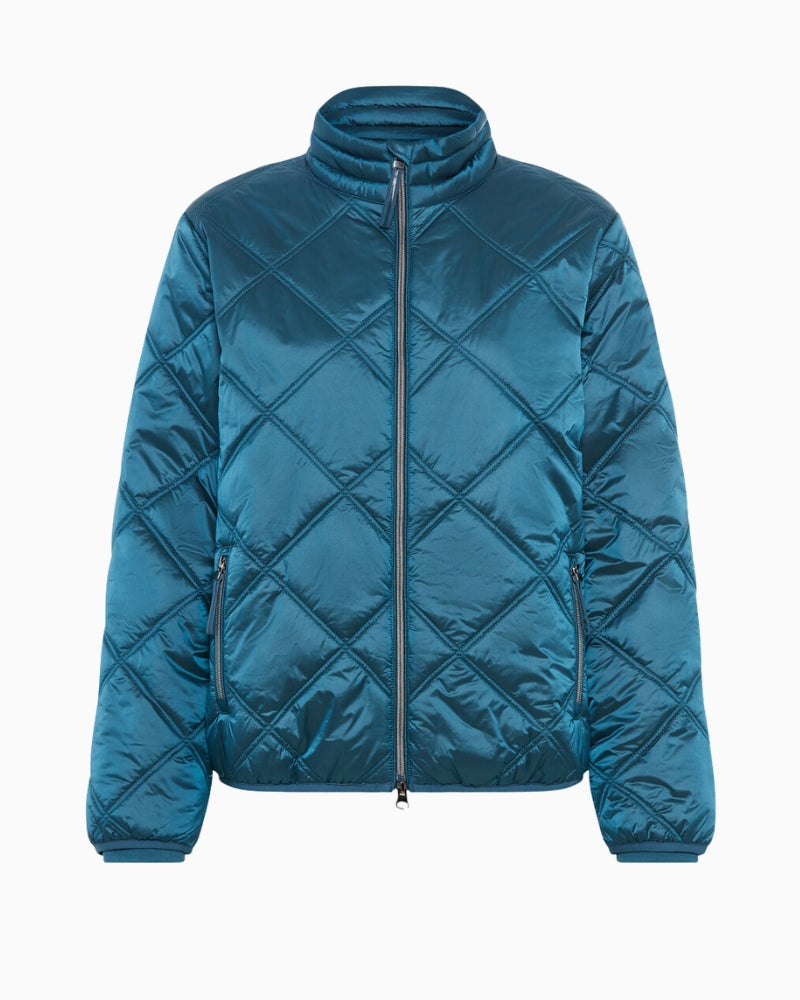 Front view of Olsen teal quilted jacket with zip closure