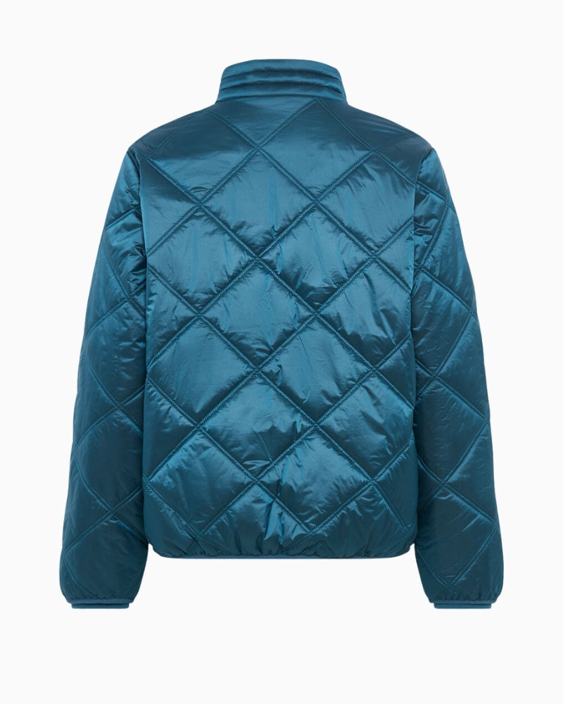 Back view of teal quilted jacket by Olsen