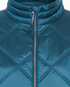 Close-up of collar and zip detail on quilted jacket