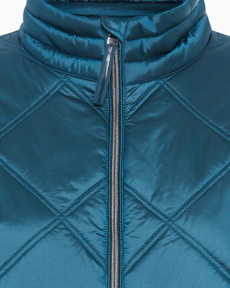 Close-up of collar and zip detail on quilted jacket