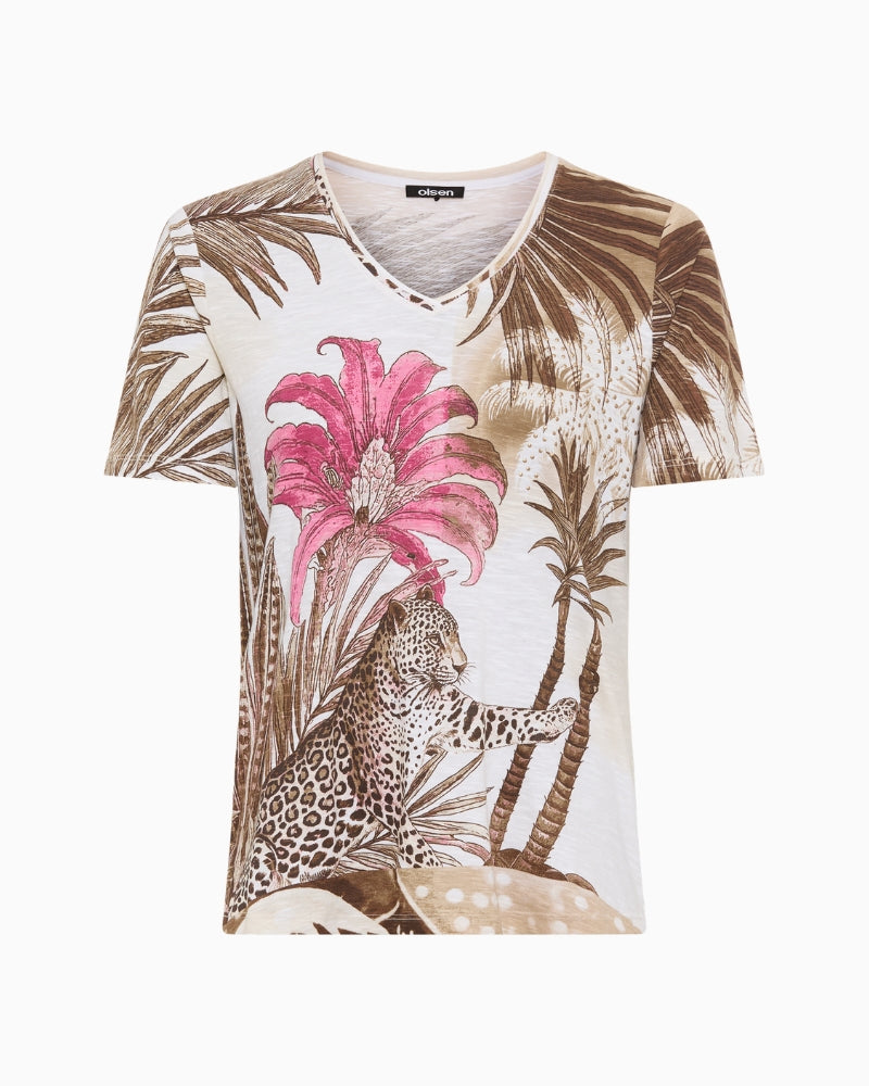 Olsen printed V-neck T-shirt white brown front view