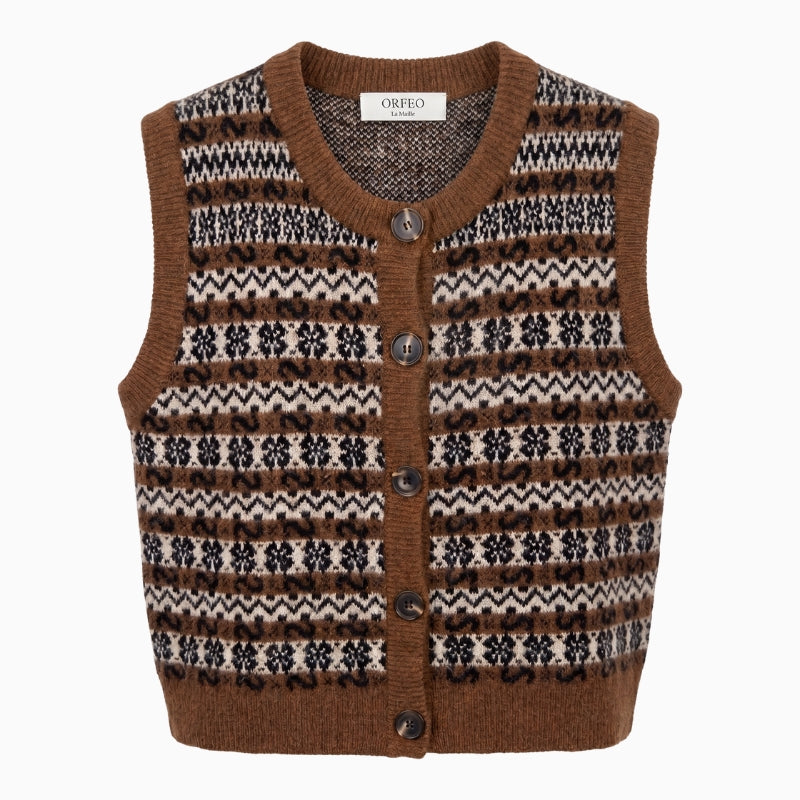 Orfeo Paris Aliena Vest in chocolate patterned knit front view