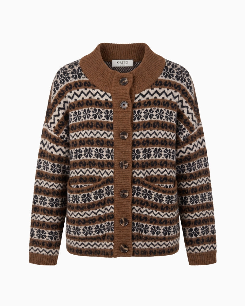 Orfeo Paris Brigitta Cardigan in brown patterned knit front view