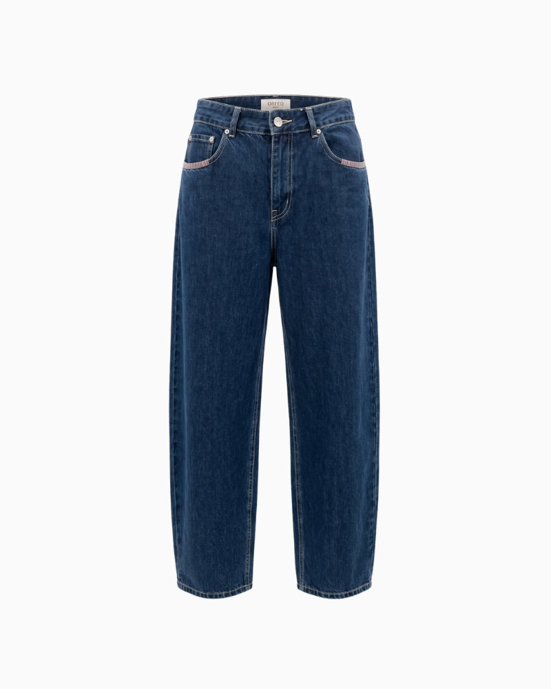 Orfeo Paris Grayson Jeans in blue denim front view with pink pocket trim