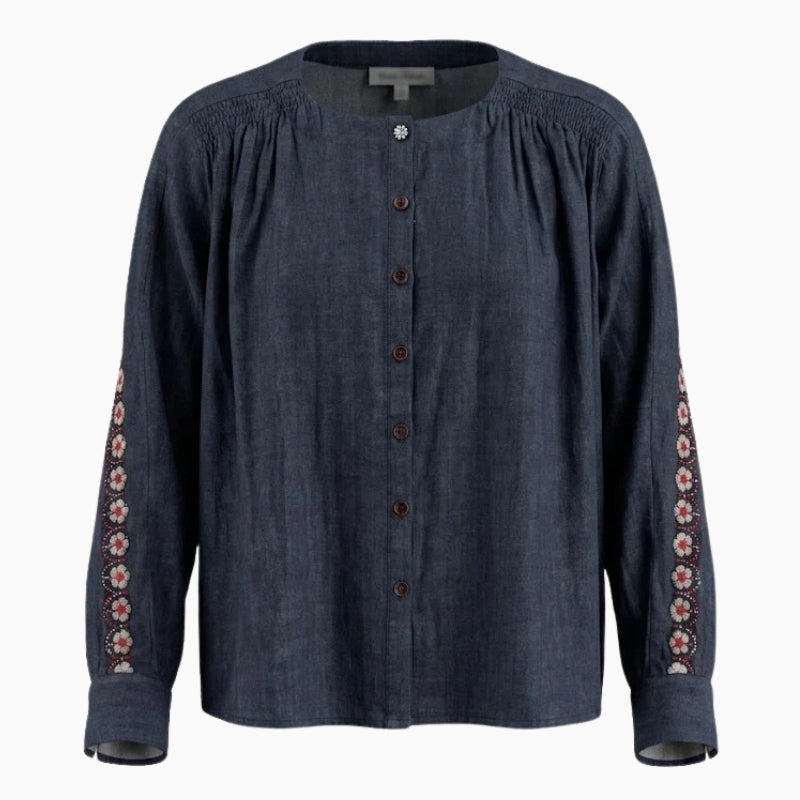 Orfeo Paris Kristin Blouse in dark denim front view with floral sleeve detailing