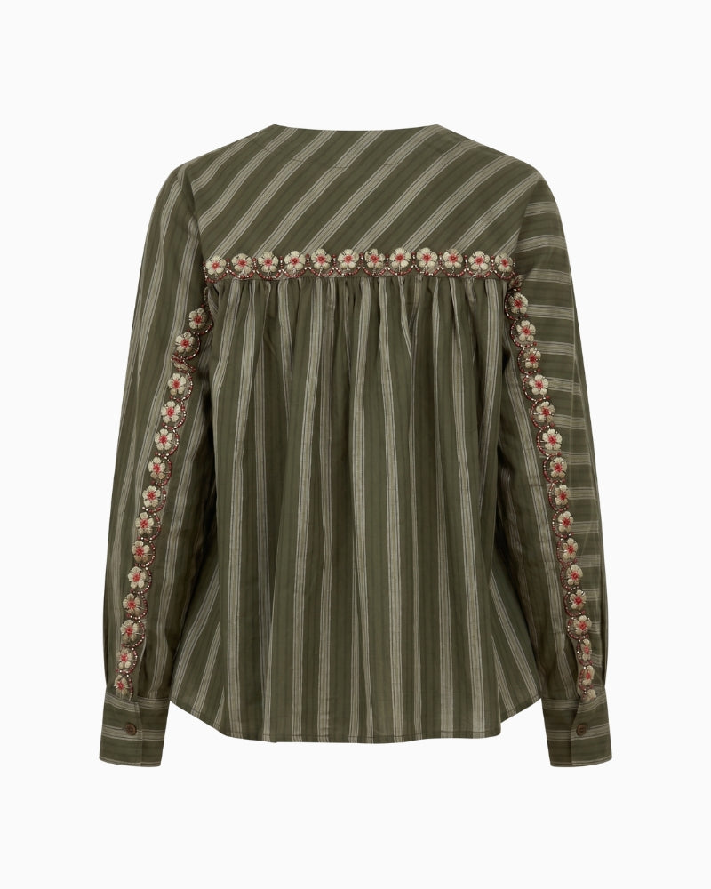 Orfeo Paris Kristin Blouse in khaki green striped cotton back view with floral embroidery