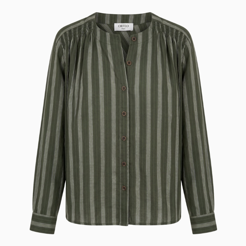 Orfeo Paris Kristin Blouse in khaki green striped cotton front view