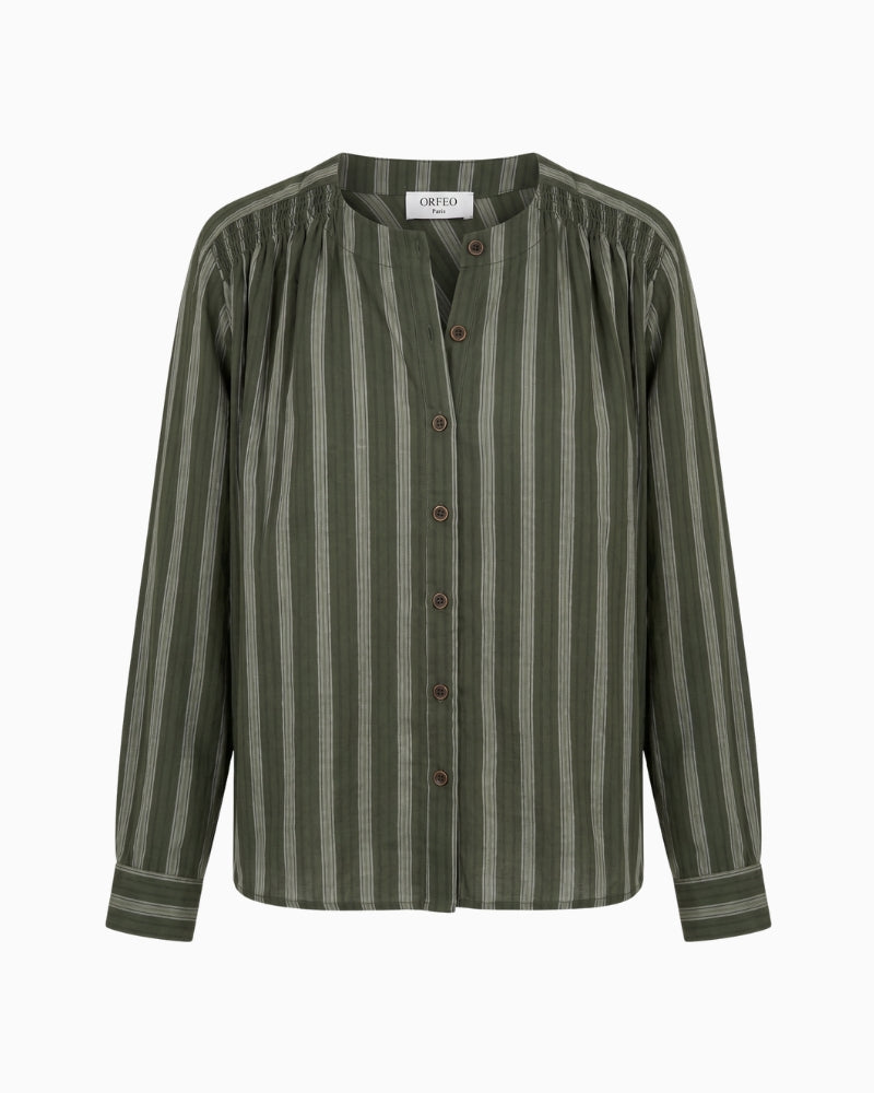 Orfeo Paris Kristin Blouse in khaki green striped cotton front view
