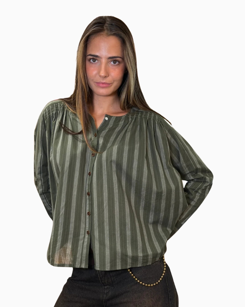 Orfeo Paris Kristin Blouse in khaki green striped cotton styled view