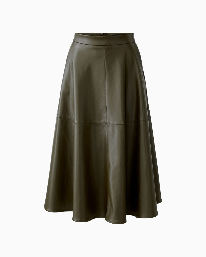 Flat lay front view of A-line midi skirt by Oui with soft brushed faux leather finish