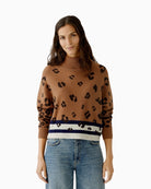 Oui animal jacquard turtleneck pullover in dark camel and blue