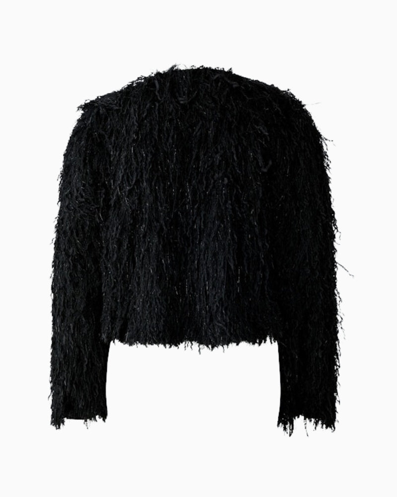 Back of cropped Oui jacket with subtle textured surface and tonal lining