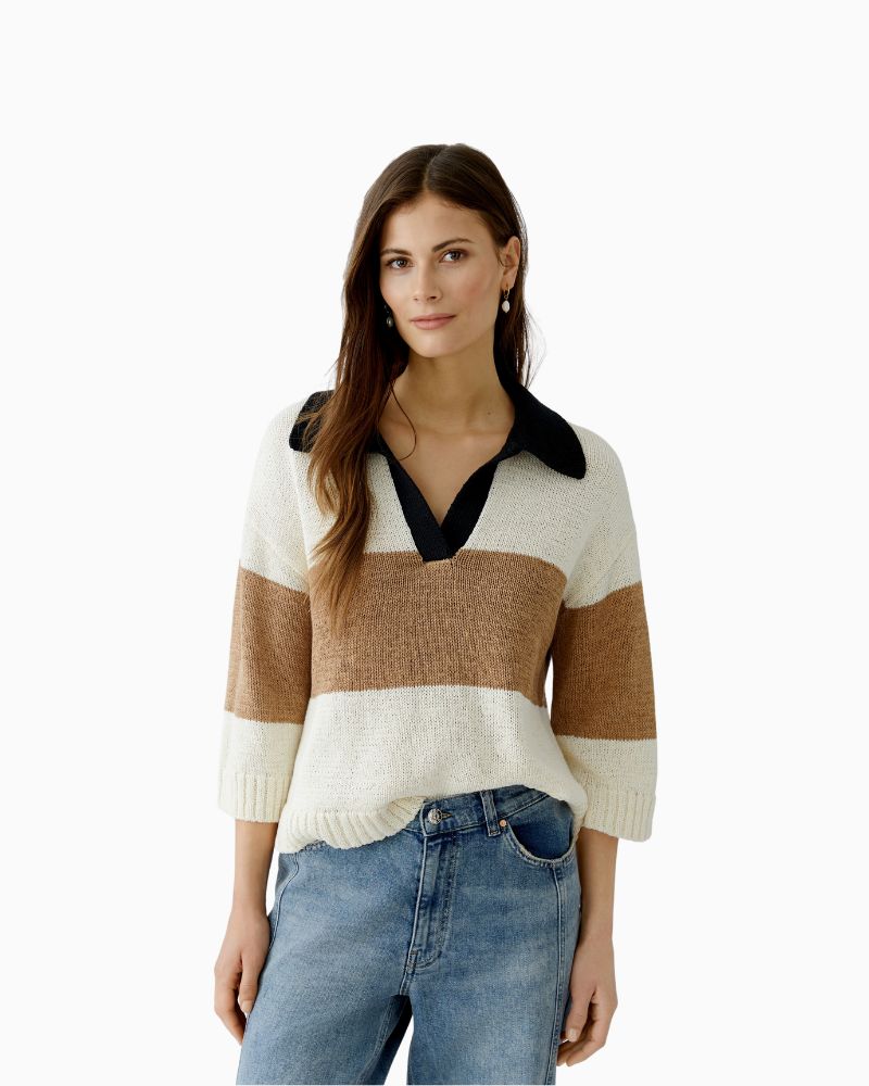 Oui striped pullover with contrast polo collar and V-neck