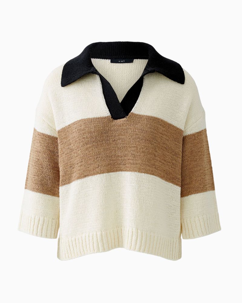 Front of Oui striped pullover with contrast polo collar and V-neck