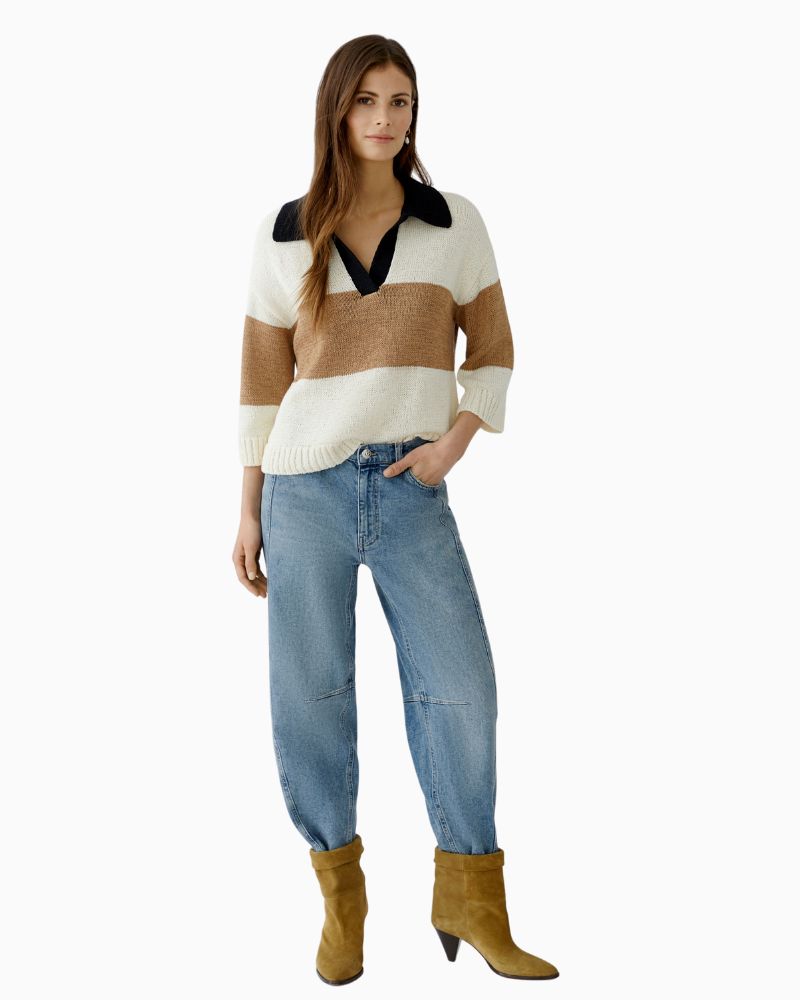 Cropped block stripe knit jumper with wide ribbed cuffs