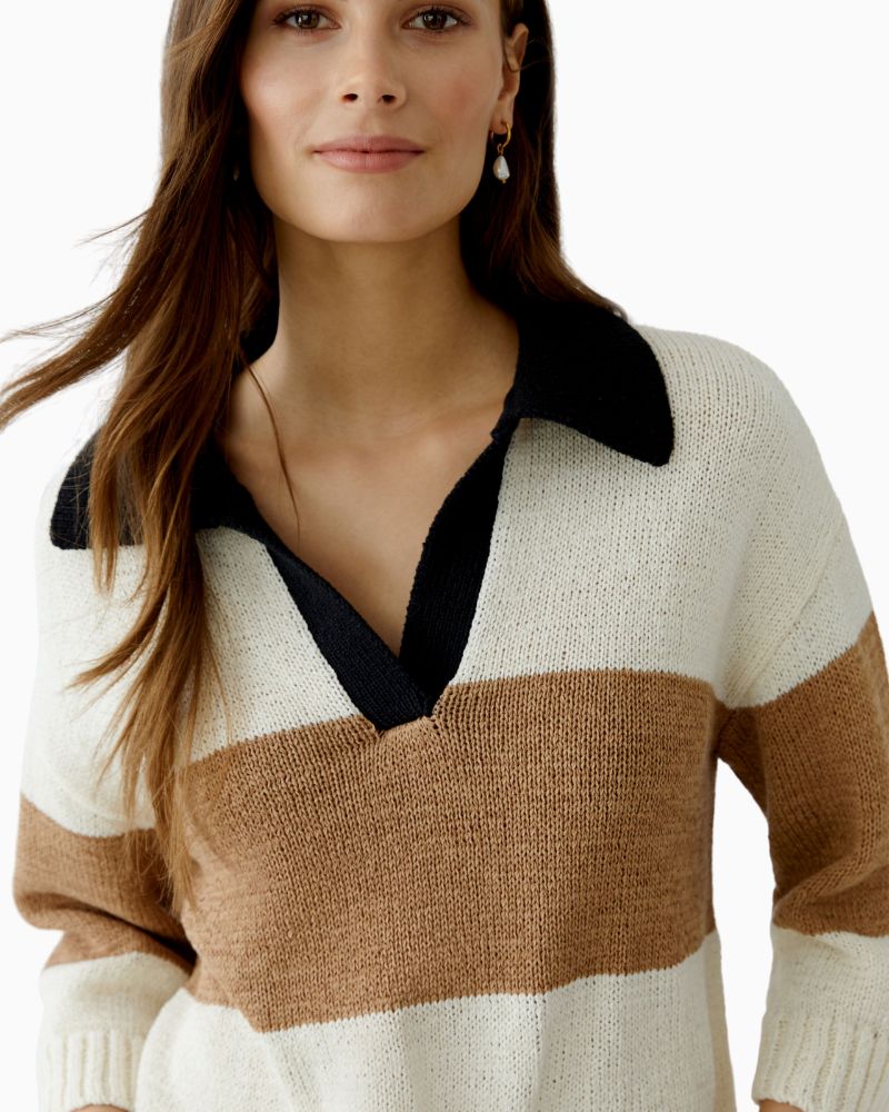 Close up of Cropped block stripe knit jumper with wide ribbed cuffs