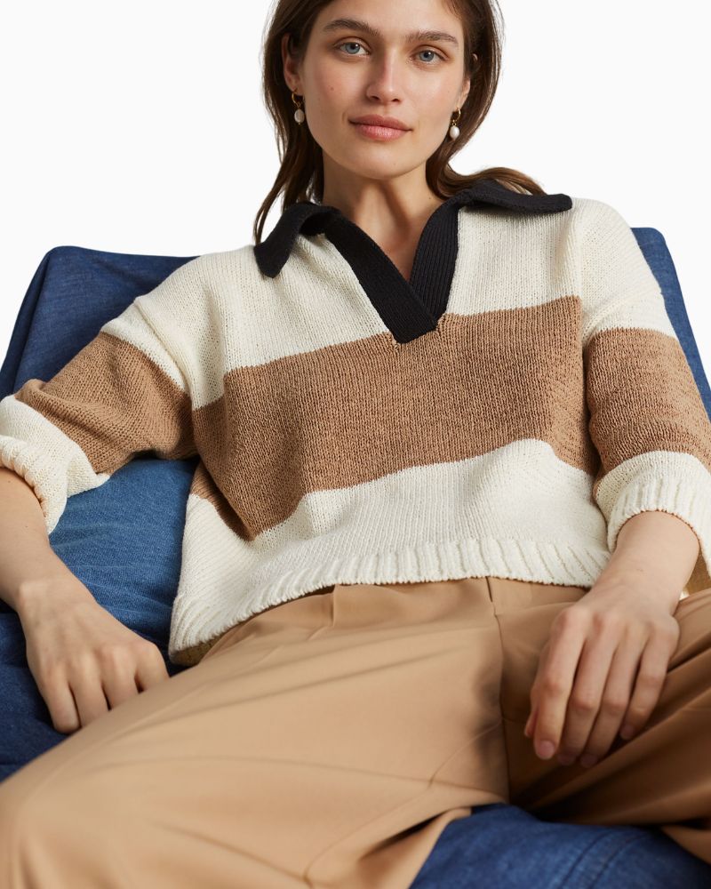 Close up of Cropped block stripe knit jumper with wide ribbed cuffs