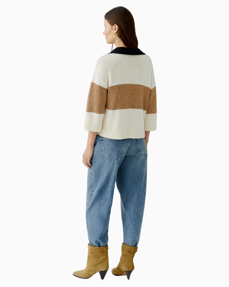 Back view of casual cotton blend polo jumper styled with high-waisted trousers