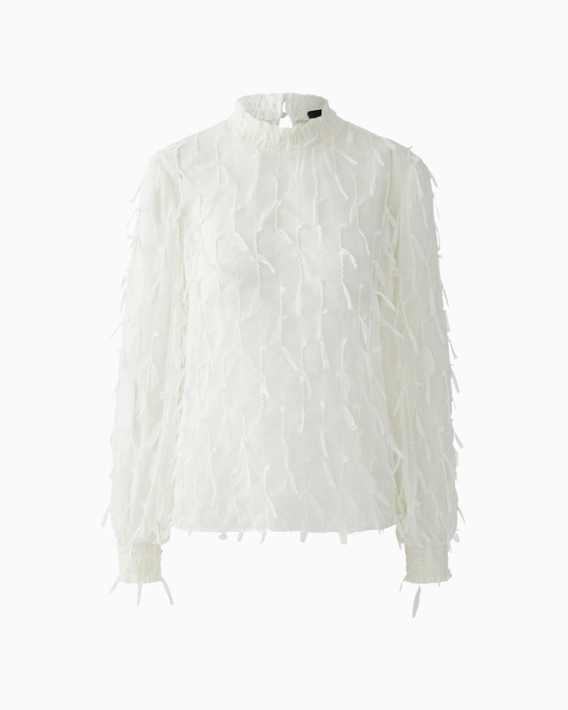 Front view of classic white blouse with clean neckline