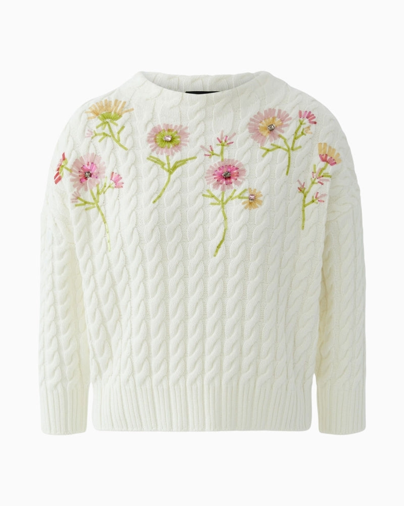 Oui cream cable knit pullover with floral embroidery, front view – Áines Boutique