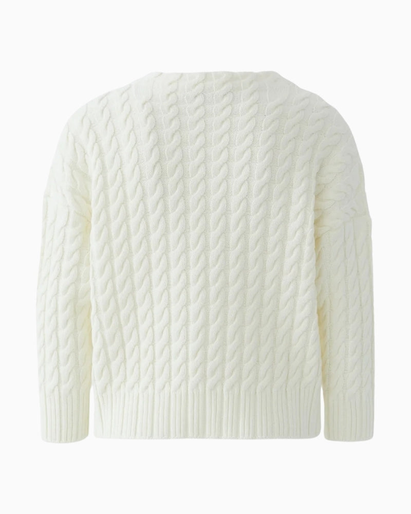 Oui cream cable knit pullover with floral embroidery, back view – Áines Boutique