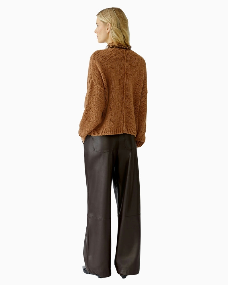 Back of camel Oui jumper showing relaxed silhouette and soft drape