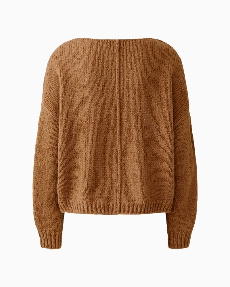 Back of camel Oui jumper showing relaxed silhouette and soft drape