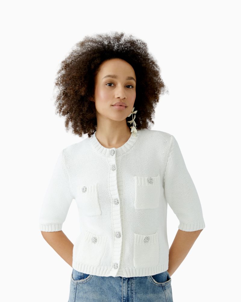 Oui white cropped cardigan with round neck and patch pockets