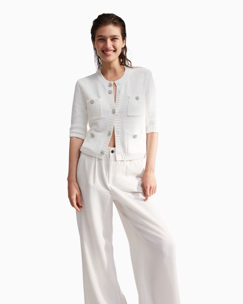 Front of Oui cotton blend cardigan with press studs and inside-out knit texture