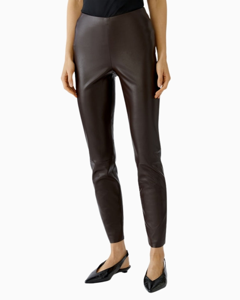 Oui Chasey leggings in dark brown leather-look fabric