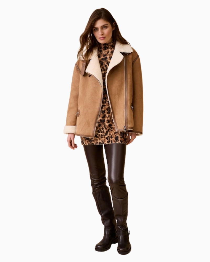 Oui Chasey dark brown leggings styled with long knit and boots