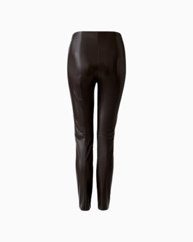 Back view of Oui dark brown leggings in stretch leather-look material