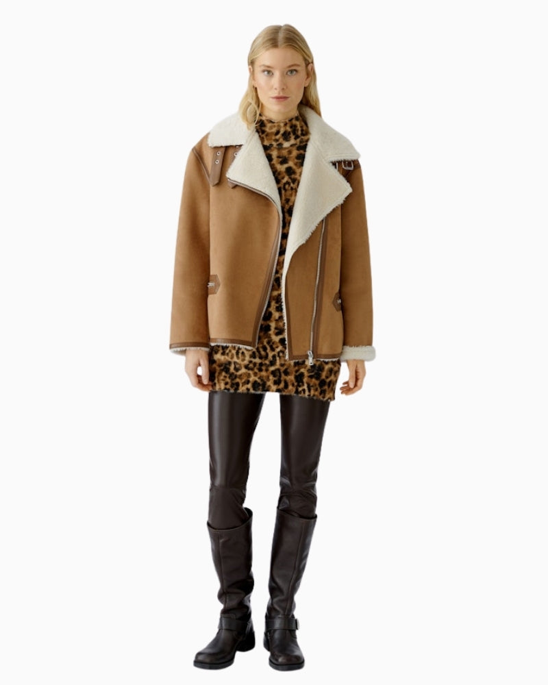 Oui Chasey dark brown leggings styled with long knit and boots