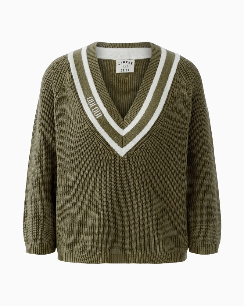 Oui khaki green college style V-neck pullover, front view – Áines Boutique