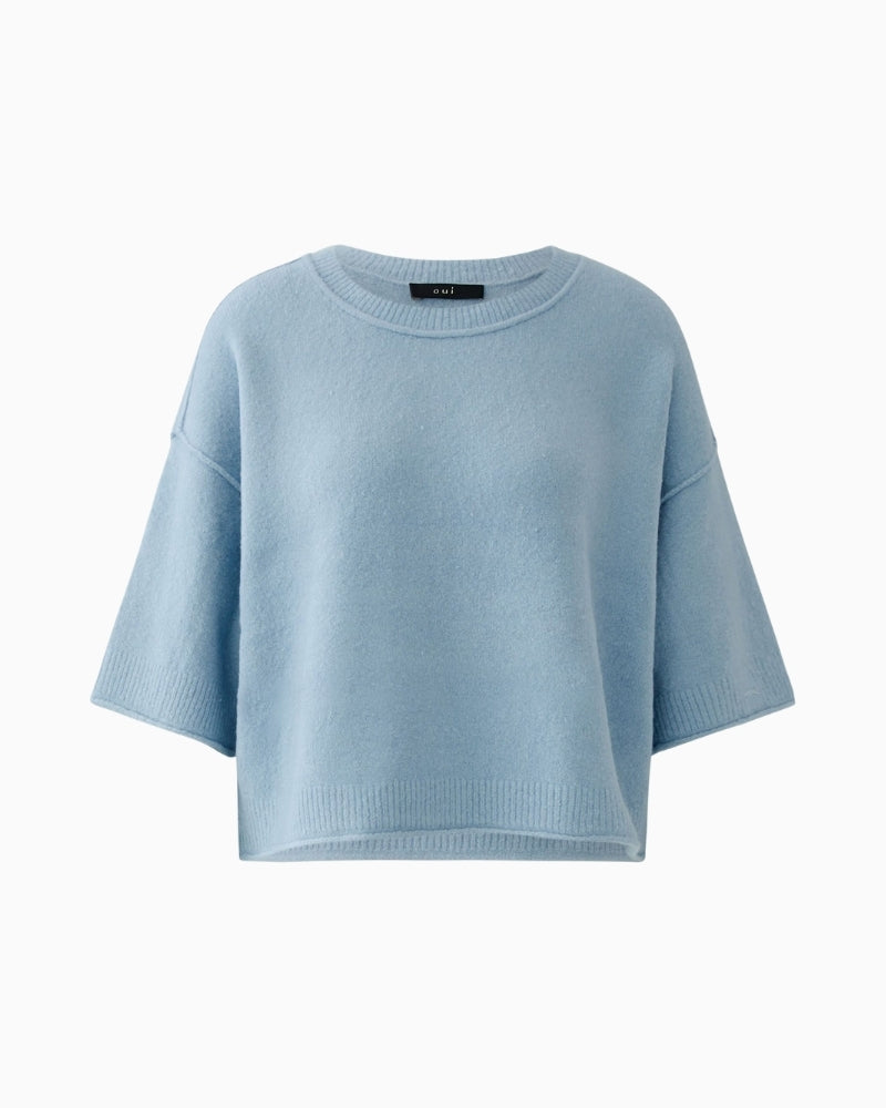 Oui light blue cozy pullover, front view showing boxy cropped shape – Áines Boutique