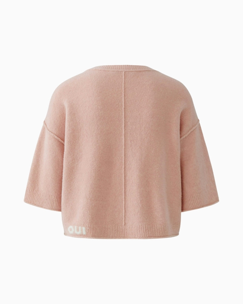 Oui dusty rose pullover, back view with OUI intarsia detail – Áines Boutique