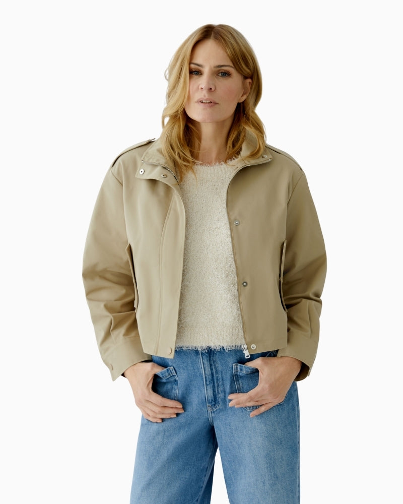 Oui sand cropped jacket, front view showing clean design – Áines Boutique