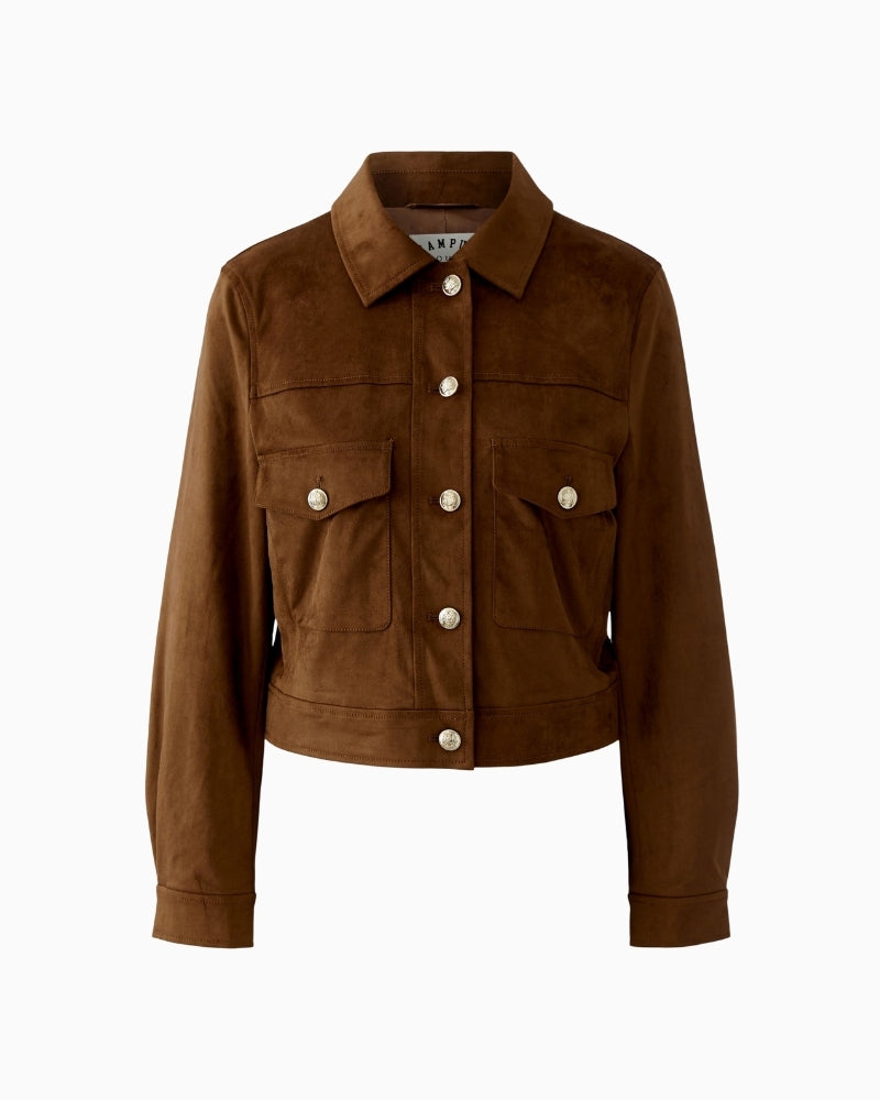Oui cognac suede-look cropped jacket, front view with button fastening – Áines Boutique
